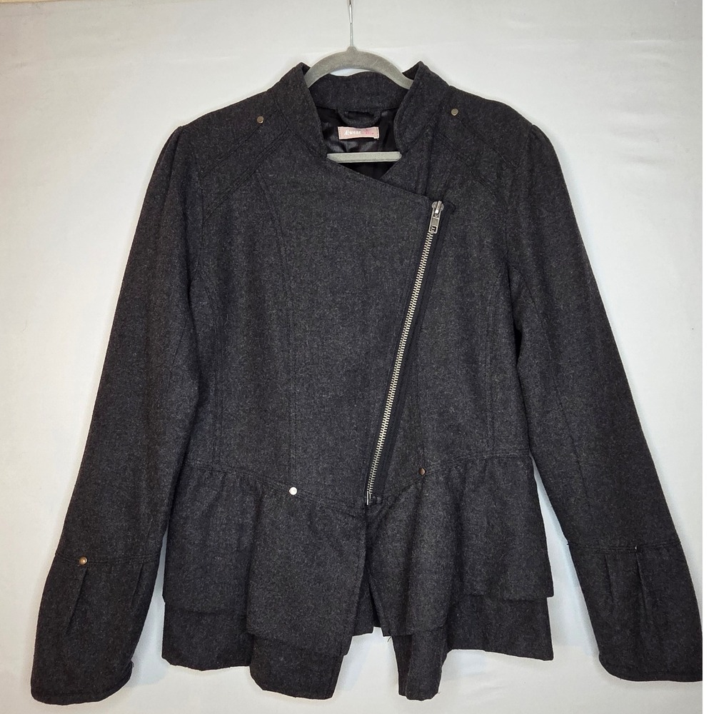 Wool blend asymmetrical Black flannel woman's jacket 16 lined‎ puffed sleeve